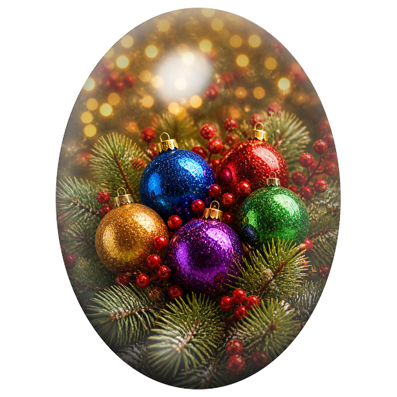 Cabochon en Verre Illustré Boules de Noël Multicolores parmi les Baies 13x18, 18x25 ou 30x40mm