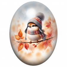 Cabochon en Verre Illustré Oiseau au Bonnet Rouge parmi les Feuilles d’Automne 13x18, 18x25 ou 30x40mm pour la Création de Bijou