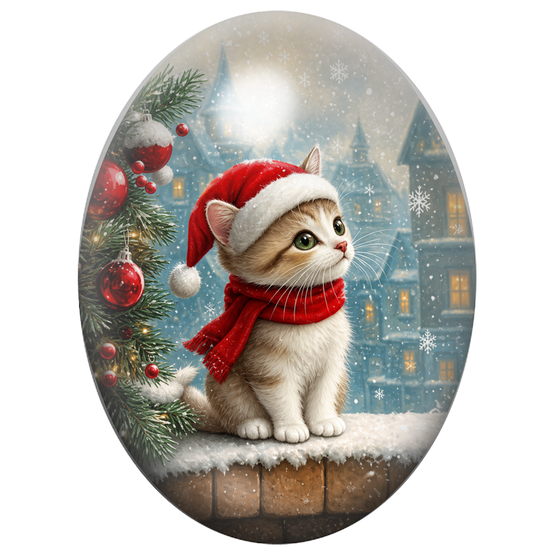 Cabochon en Verre Illustré Chaton au Foulard Rouge sur un Toit Neigeux 13x18, 18x25 ou 30x40mm