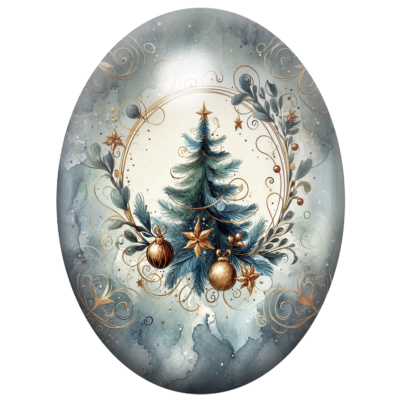 Cabochon en Verre Illustré Sapin Bleu aux Ornements Dorés 13x18, 18x25 ou 30x40mm
