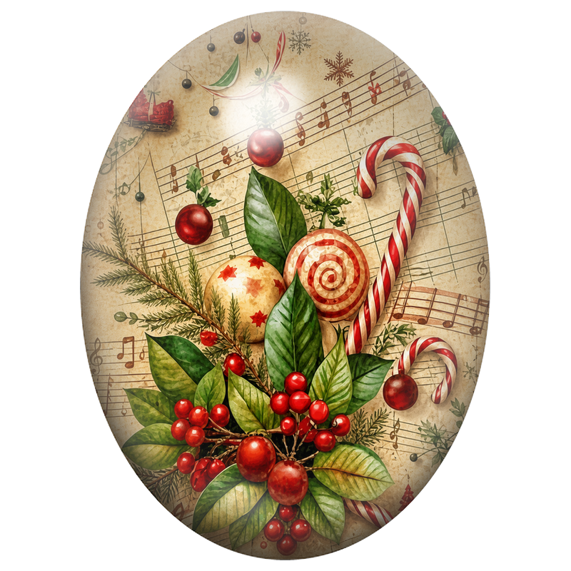 Cabochon en Verre Illustré Sucreries Rouges sur Partition 13x18, 18x25 ou 30x40mm