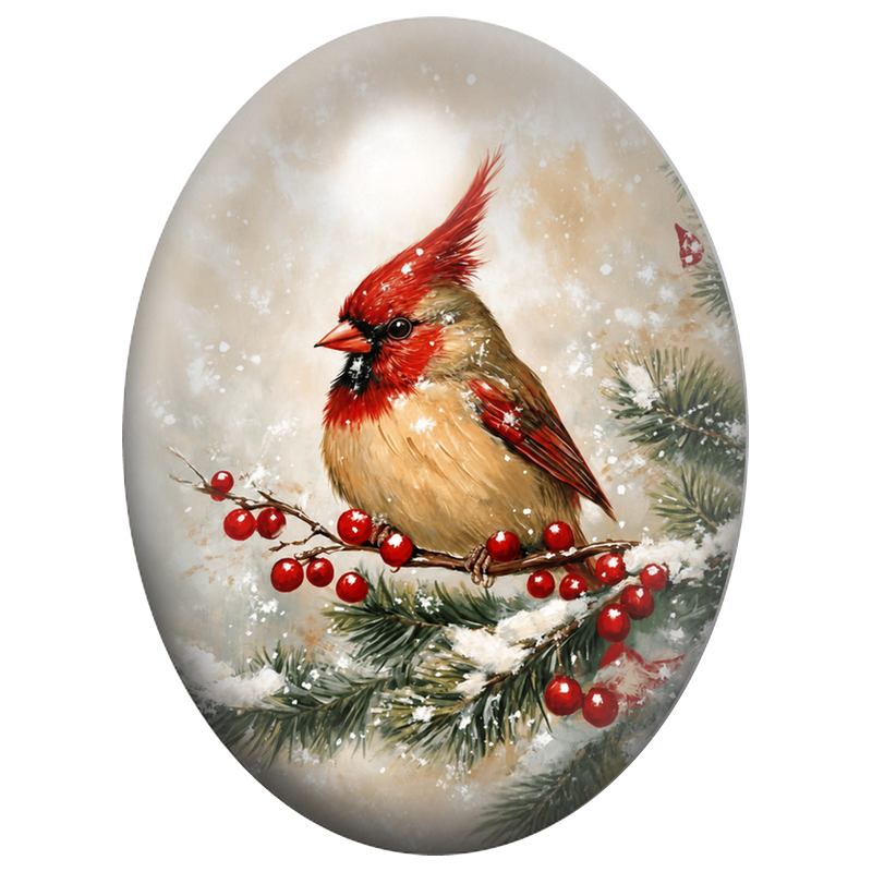 Cabochon en Verre Illustré Cardinal parmi les Baies et les Sapins 13x18, 18x25 ou 30x40mm