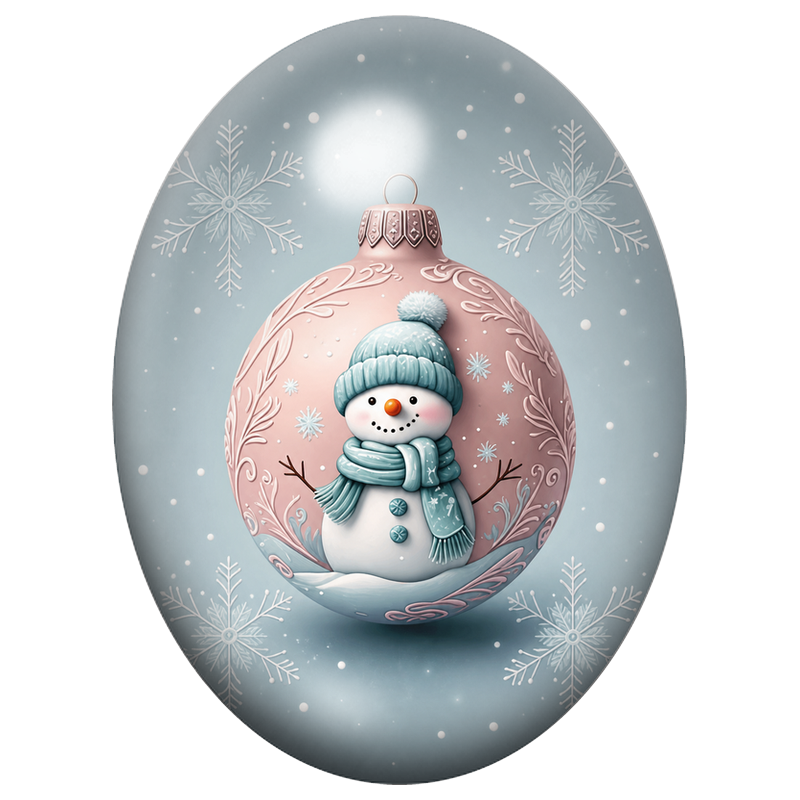 Cabochon en Verre Illustré Bonhomme de Neige dans une Boule Rose 13x18, 18x25 ou 30x40mm