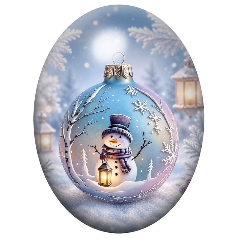 Cabochon en Verre Illustré Bonhomme de Neige dans une Boule et une Lanterne 13x18, 18x25 ou 30x40mm