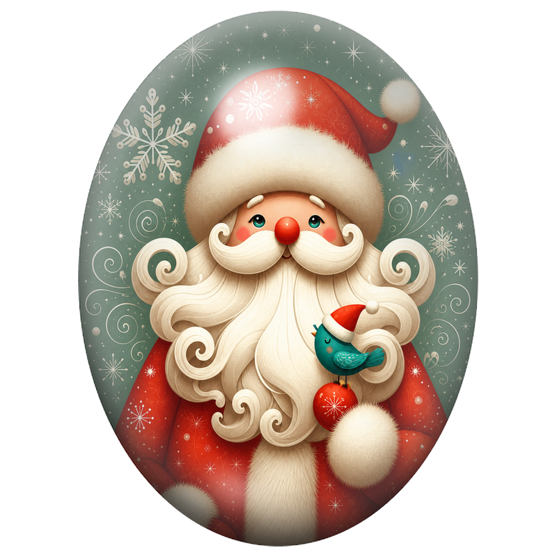 Cabochon en Verre Illustré Père Noël et Oiseau au Manteau Rouge 13x18, 18x25 ou 30x40mm