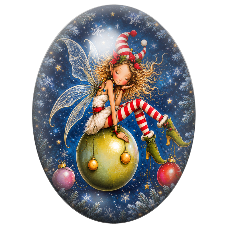 Cabochon en Verre Illustré Fée Endormie sur une Boule Dorée 13x18, 18x25 ou 30x40mm