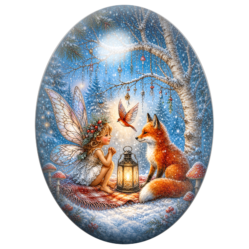 Cabochon en Verre Illustré Fée et Renard près d’une Lanterne 13x18, 18x25 ou 30x40mm