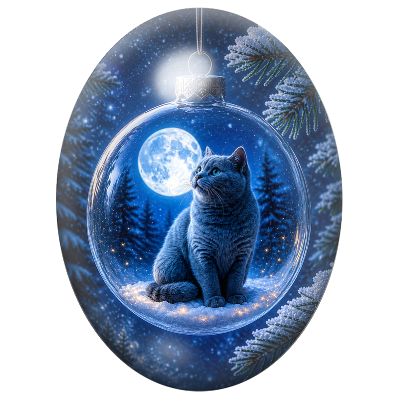 Cabochon en Verre Illustré Chat dans une Boule au Clair de Lune 13x18, 18x25 ou 30x40mm