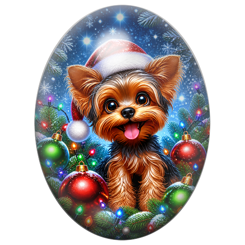 Cabochon en Verre Illustré Petit Chien au Bonnet Rouge parmi les Boules 13x18, 18x25 ou 30x40mm