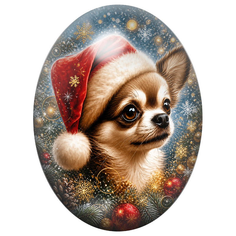 Cabochon en Verre Illustré Petit Chien au Bonnet dans la Neige 13x18, 18x25 ou 30x40mm