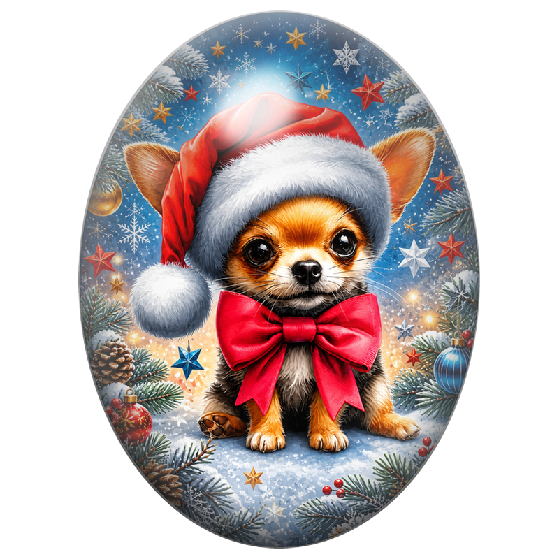 Cabochon en Verre Illustré Petit Chien au Nœud Rouge 13x18, 18x25 ou 30x40mm