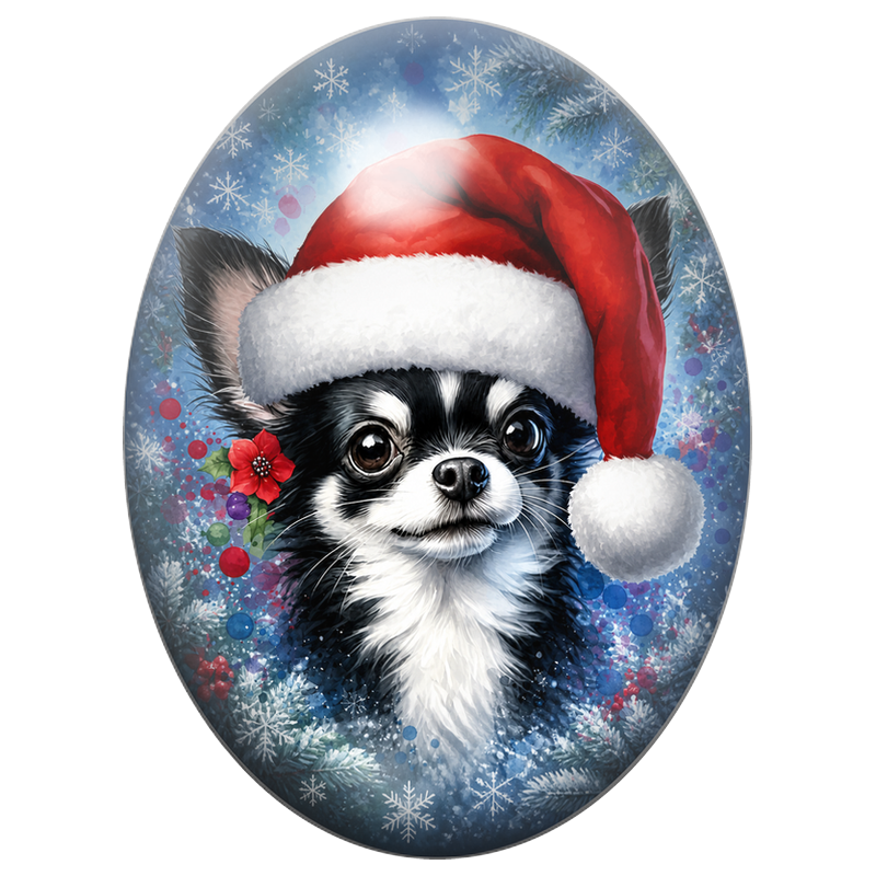 Cabochon en Verre Illustré Chihuahua au Bonnet de Noël 13x18, 18x25 ou 30x40mm