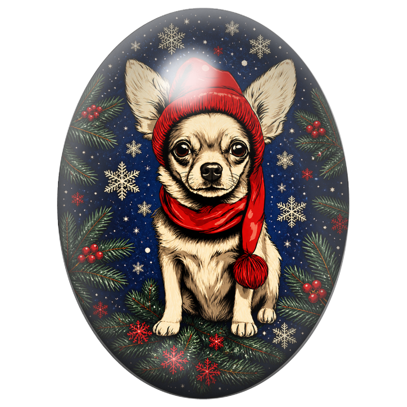 Cabochon en Verre Illustré Chihuahua au Bonnet Rouge 13x18, 18x25 ou 30x40mm