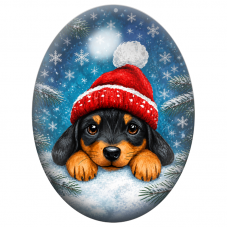 Cabochon en Verre Illustré Chiot au Bonnet Rouge dans la Neige 13x18, 18x25 ou 30x40mm pour la Création de Bijoux Fantaisie - DI