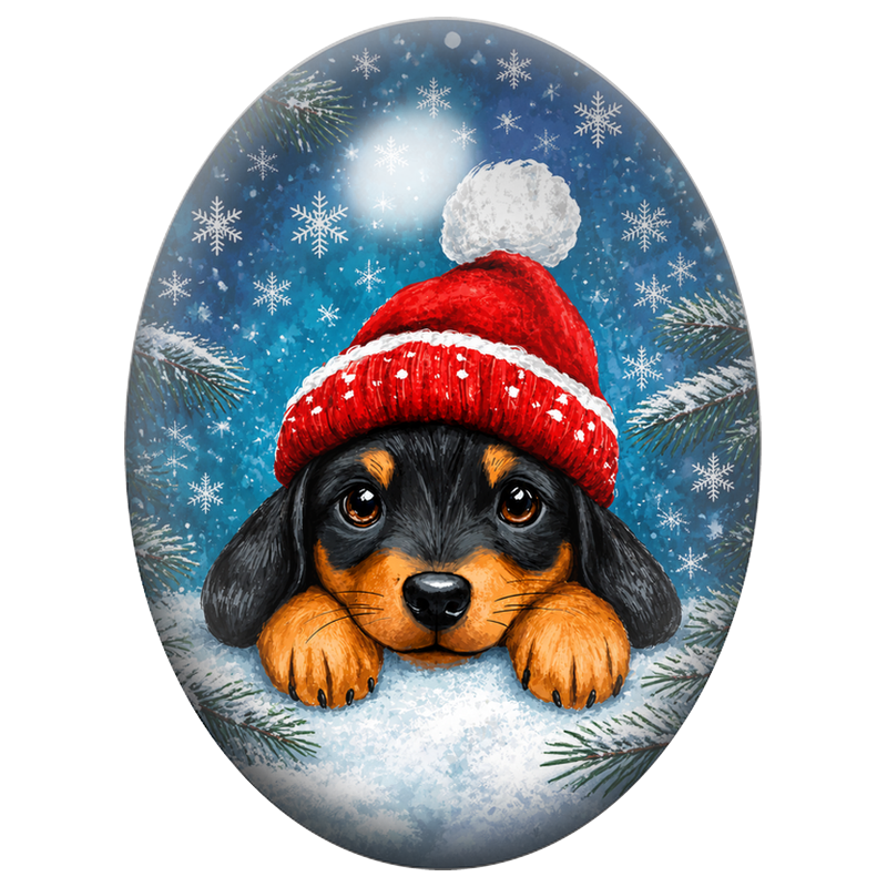 Cabochon en Verre Illustré Chiot au Bonnet Rouge dans la Neige 13x18, 18x25 ou 30x40mm