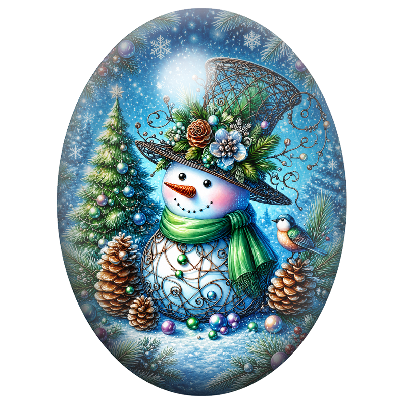 Cabochon en Verre Illustré Bonhomme de Neige parmi les Cadeaux 13x18, 18x25 ou 30x40mm