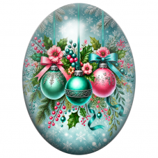 Cabochon en Verre Illustré Boules Turquoise et Roses dans un Bouquet de Noël 13x18, 18x25 ou 30x40mm pour la Création de Bijoux 