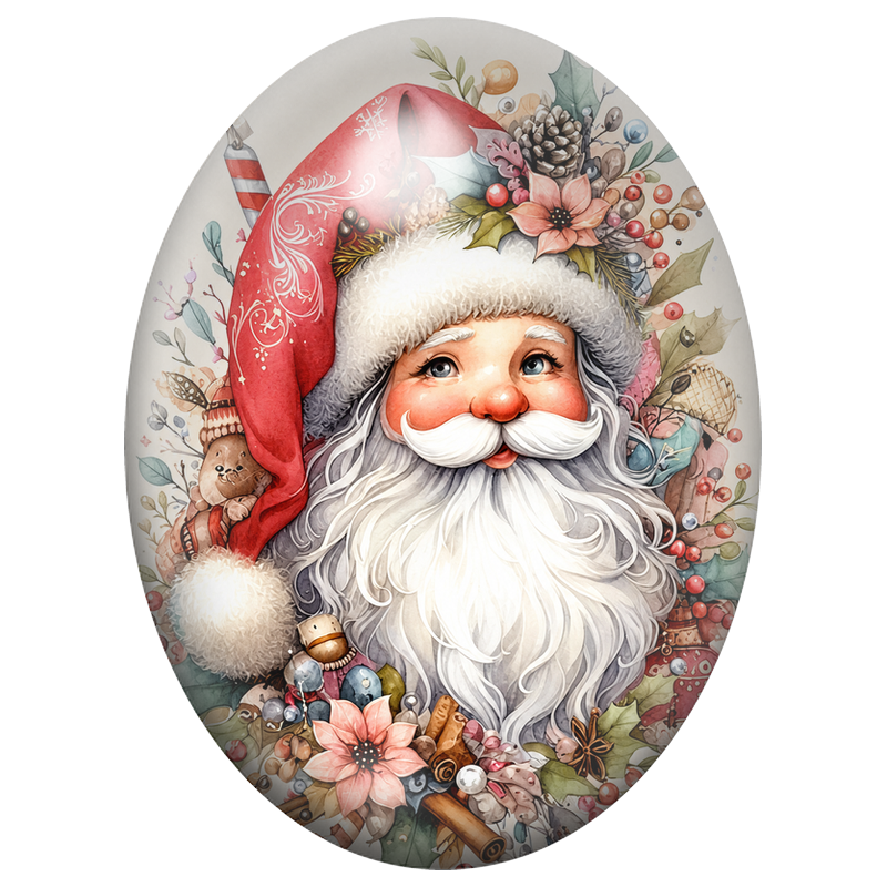 Cabochon en Verre Illustré Père Noël au Bouquet de Fleurs et de Jouets 13x18, 18x25 ou 30x40mm