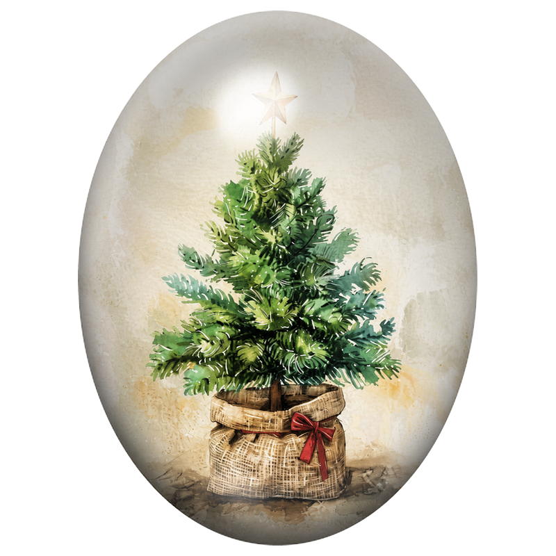 Cabochon en Verre Illustré Petit Sapin de Noël dans un Panier en Osier 13x18, 18x25 ou 30x40mm