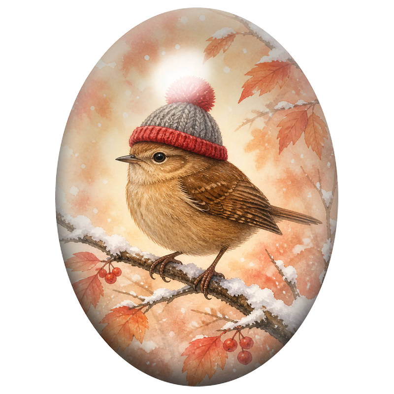 Cabochon en Verre Illustré Oiseau au Bonnet Gris parmi les Feuilles d’Automne 13x18, 18x25 ou 30x40mm
