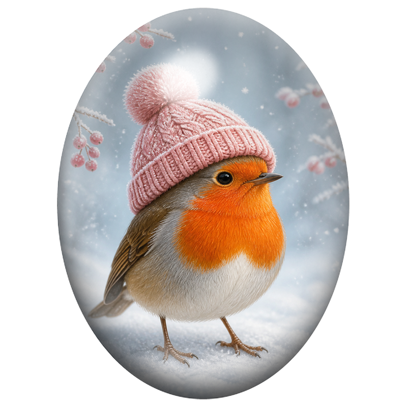 Cabochon en Verre Illustré Rouge-gorge au Bonnet Rose dans la Neige 13x18, 18x25 ou 30x40mm