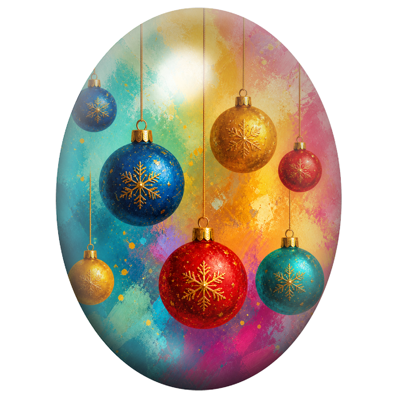 Cabochon en Verre Illustré Boules de Noël Colorées aux Flocons Dorés 13x18, 18x25 ou 30x40mm