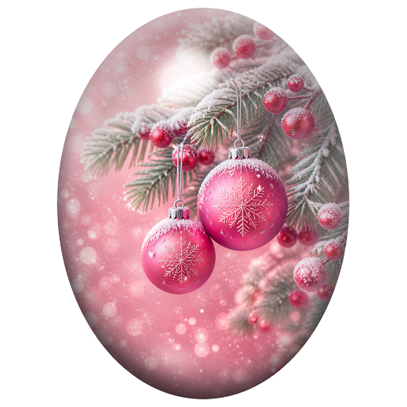 Cabochon en Verre Illustré Boules Roses parmi les Branches Givrées 13x18, 18x25 ou 30x40mm