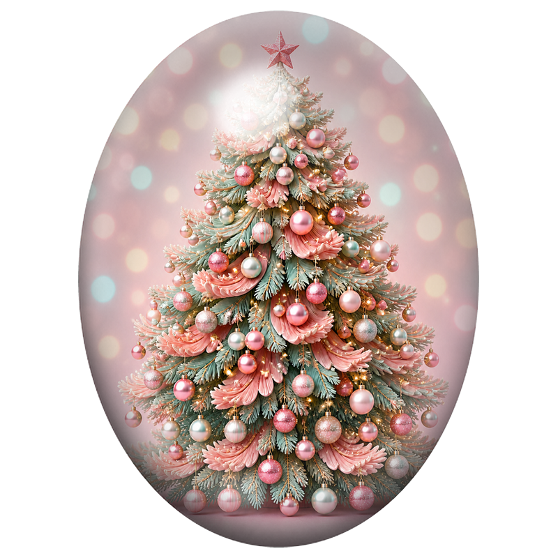 Cabochon en Verre Illustré Sapin de Noël Rose et Blanc 13x18, 18x25 ou 30x40mm