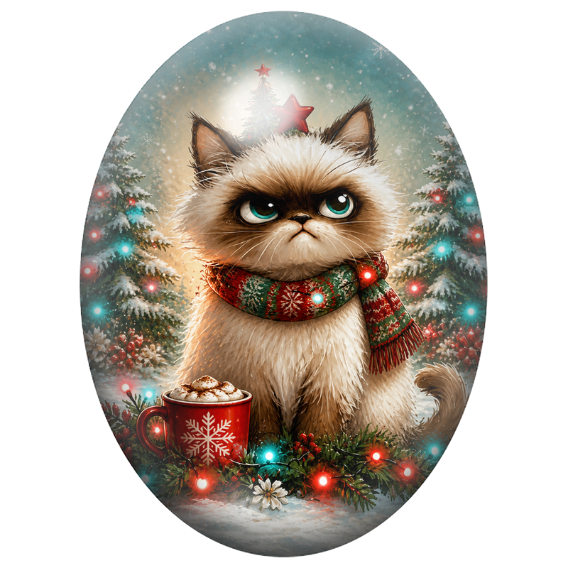 Cabochon en Verre Illustré Chaton de Noël parmi les Lumières 13x18, 18x25 ou 30x40mm