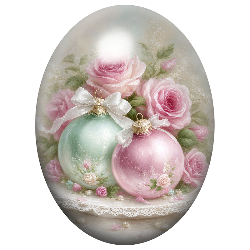 Cabochon en Verre Illustré Boules Pastel dans un Bouquet de Roses 13x18, 18x25 ou 30x40mm