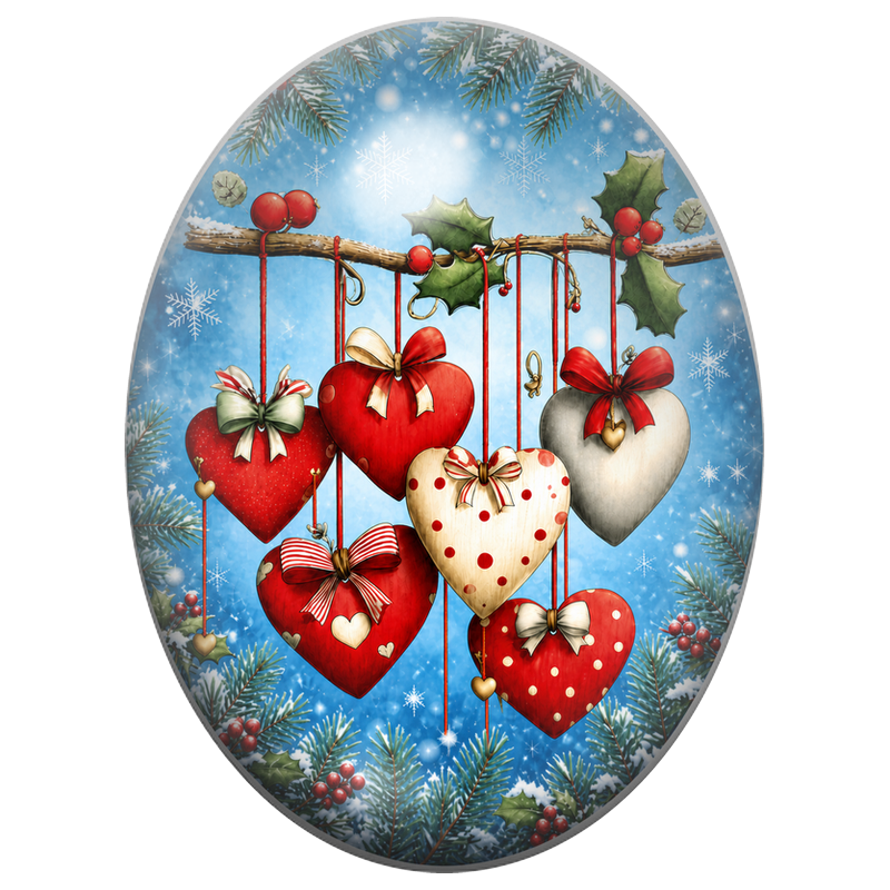 Cabochon en Verre Illustré Cœurs Rouges Suspendus dans le Sapin 13x18, 18x25 ou 30x40mm