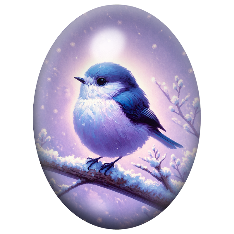 Cabochon en Verre Illustré Oiseau Bleu sur une Branche Violette 13x18, 18x25 ou 30x40mm