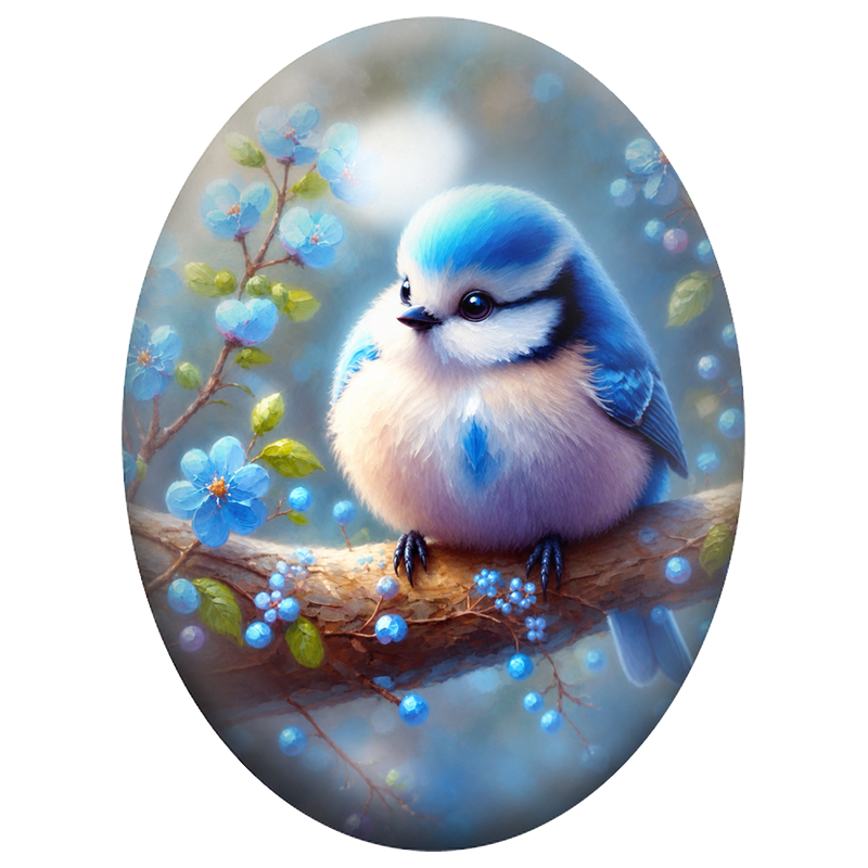 Cabochon en Verre Illustré Oiseau Bleu parmi les Fleurs 13x18, 18x25 ou 30x40mm