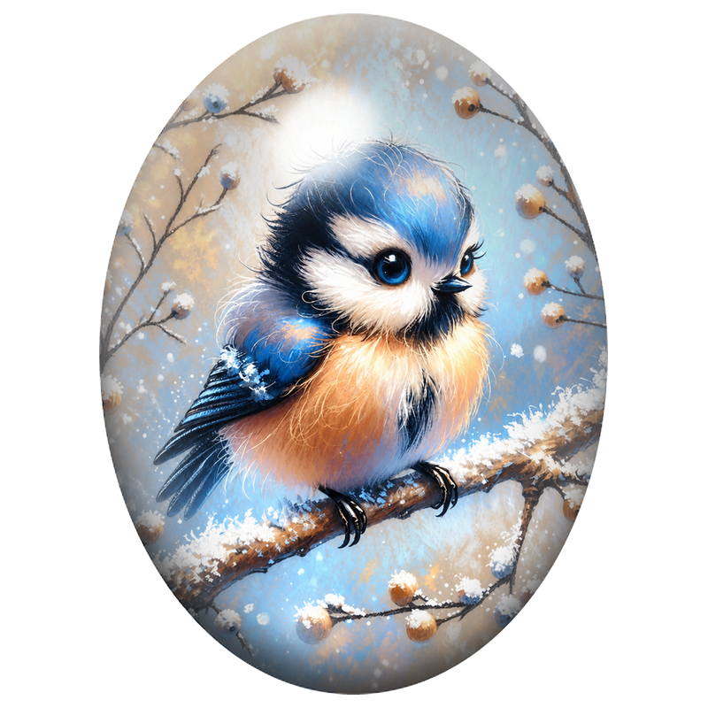 Cabochon en Verre Illustré Mésange Bleue parmi les Fleurs Givrées 13x18, 18x25 ou 30x40mm