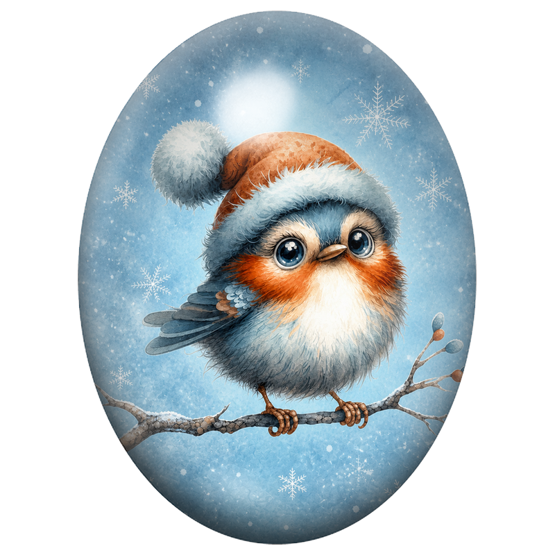 Cabochon en Verre Illustré Petit Oiseau Bleu au Bonnet Orange 13x18, 18x25 ou 30x40mm