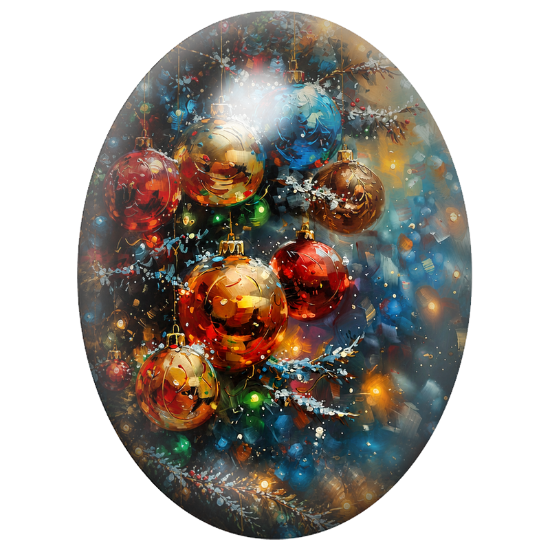 Cabochon en Verre Illustré Boules de Noël Multicolores dans le Sapin 13x18, 18x25 ou 30x40mm