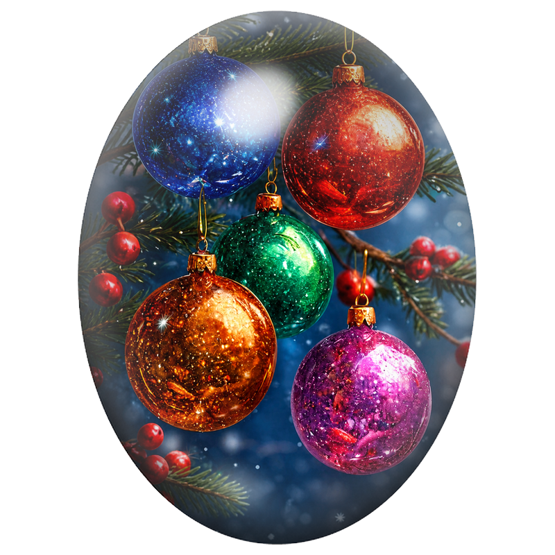 Cabochon en Verre Illustré Boules Rouges et Bleues dans le Sapin 13x18, 18x25 ou 30x40mm