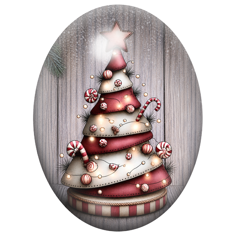 Cabochon en Verre Illustré Sapin en Pain d’Épices et en Bonbons 13x18, 18x25 ou 30x40mm