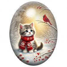 Cabochon en Verre Illustré Chaton et Cardinal dans la Neige 13x18, 18x25 ou 30x40mm pour la Création de Bijoux Fantaisie - DIY