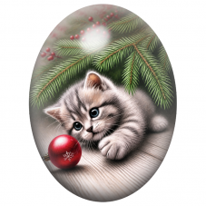 Cabochon en Verre Illustré Chaton à la Boule de Noël Rouge 13x18, 18x25 ou 30x40mm pour la Création de Bijoux Fantaisie - DIY