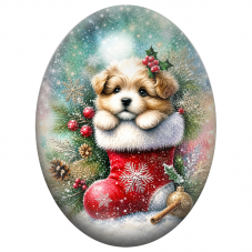 Cabochon en Verre Illustré Petit Chien dans une Chaussette de Noël 13x18, 18x25 ou 30x40mm pour la Création de Bijoux Fantaisie 