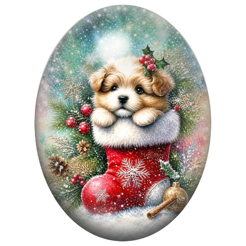 Cabochon en Verre Illustré Petit Chien dans une Chaussette de Noël 13x18, 18x25 ou 30x40mm
