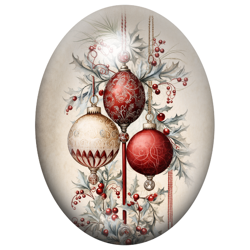 Cabochon en Verre Illustré Ornements Rouges et Blancs au Houx 13x18, 18x25 ou 30x40mm