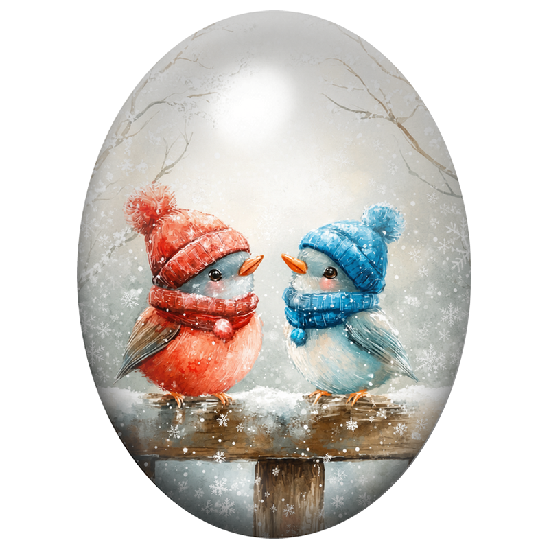 Cabochon en Verre Illustré Deux Oiseaux aux Bonnets sur un Perchoir 13x18, 18x25 ou 30x40mm