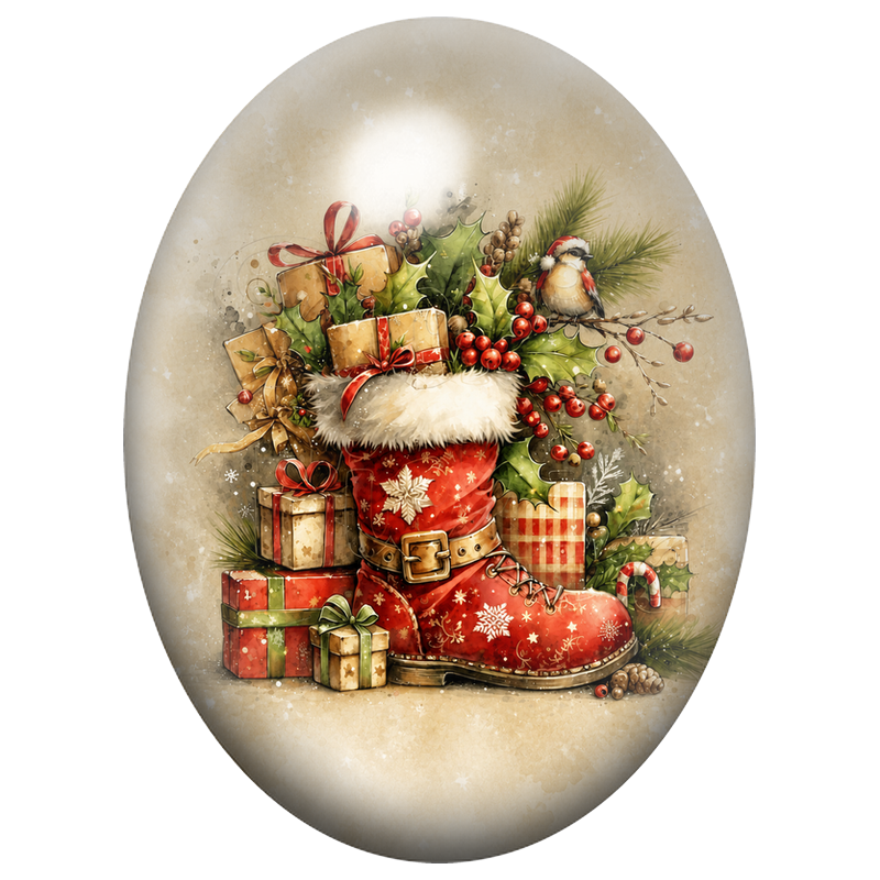 Cabochon en Verre Illustré Grande Botte de Noël et Cadeaux 13x18, 18x25 ou 30x40mm