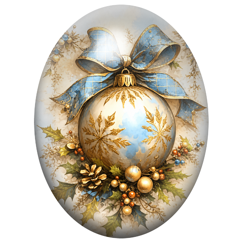 Cabochon en Verre Illustré Boule Blanche au Nœud Bleu 13x18, 18x25 ou 30x40mm