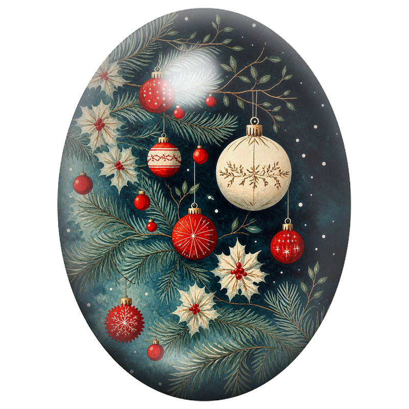 Cabochon en Verre Illustré Boules Rouges et Blanches au Houx 13x18, 18x25 ou 30x40mm
