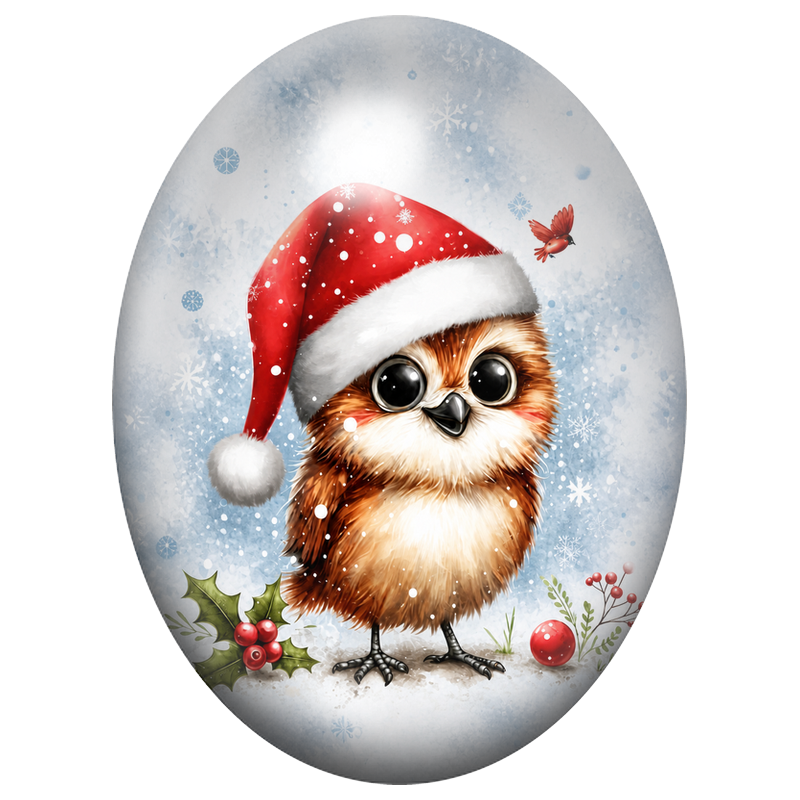 Cabochon en Verre Illustré Hibou au Bonnet Rouge dans la Neige 13x18, 18x25 ou 30x40mm