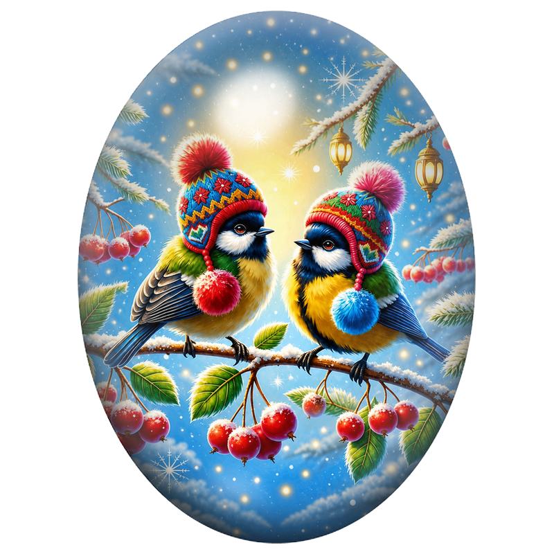 Cabochon en Verre Illustré Deux Oiseaux aux Bonnets Colorés 13x18, 18x25 ou 30x40mm
