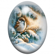 Cabochon en Verre Illustré Moineau dans un Sapin Enneigé 13x18, 18x25 ou 30x40mm pour la Création de Bijoux Fantaisie - DIY